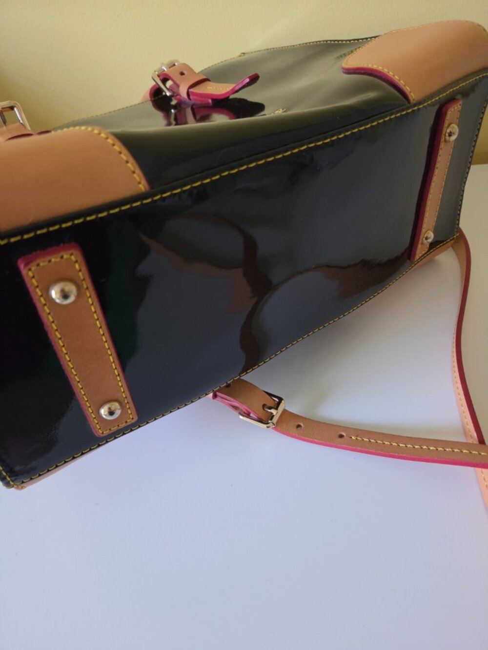 Dooney & Bourke Patent Leather Satchel Crossbody Black Red Interior - Picture 10 of 16